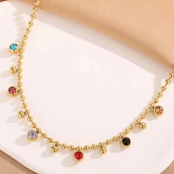 Multicolor Crystal 18K Gold Plated Stainless Steel Necklace Perfect Layering - Picture 1 of 6